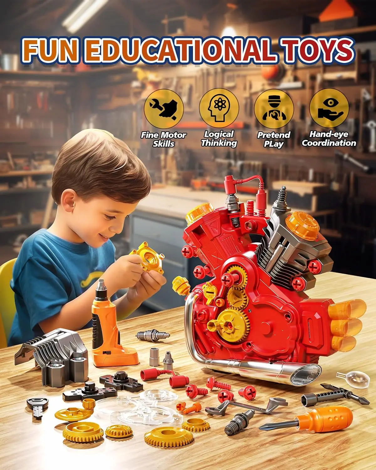 STEM Engine Building Kit for Kids with Light and Music