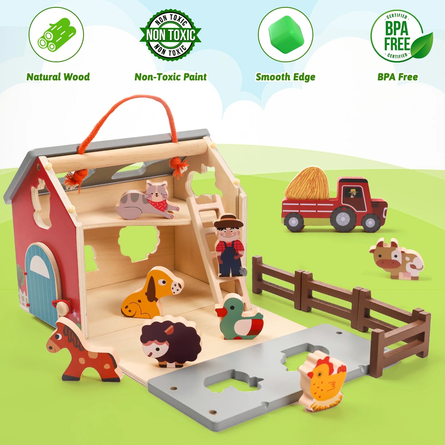 XIAPIA Wooden Farm Toys Set With Barn And Tractor Playset