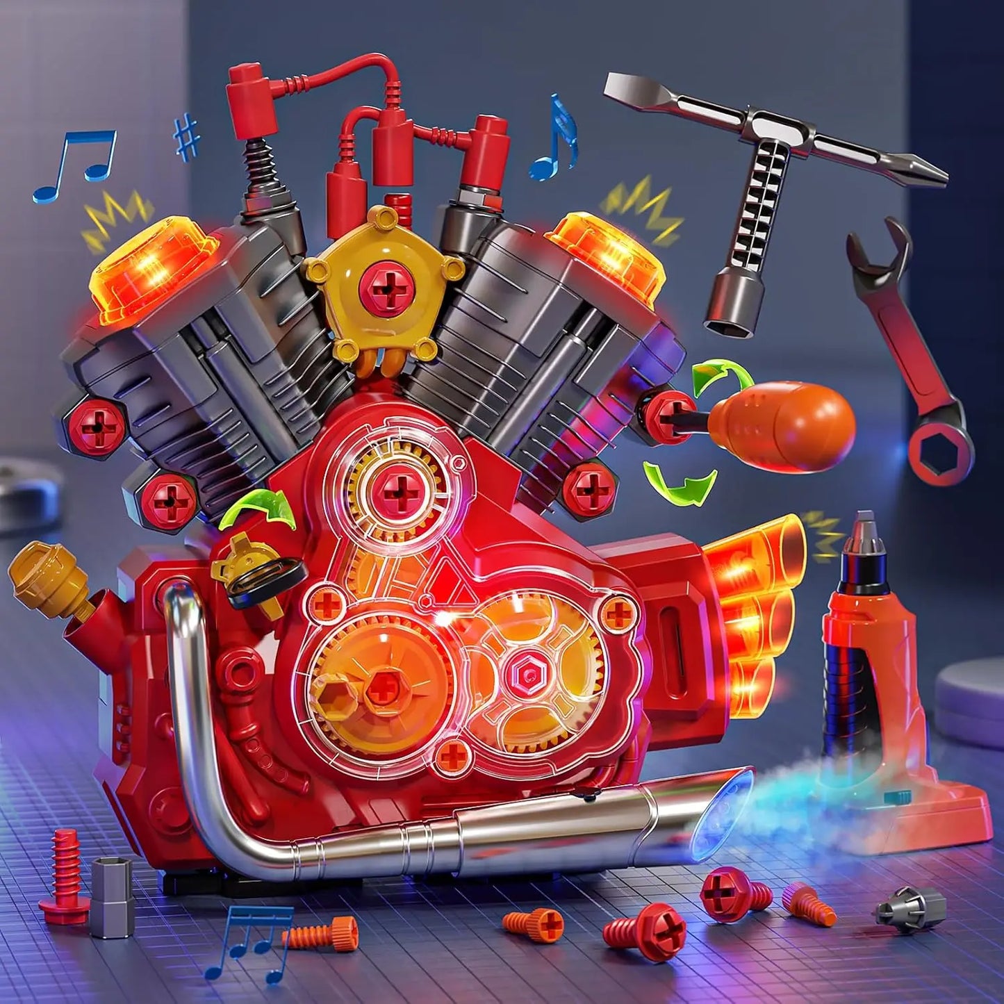 STEM Engine Building Kit for Kids with Light and Music