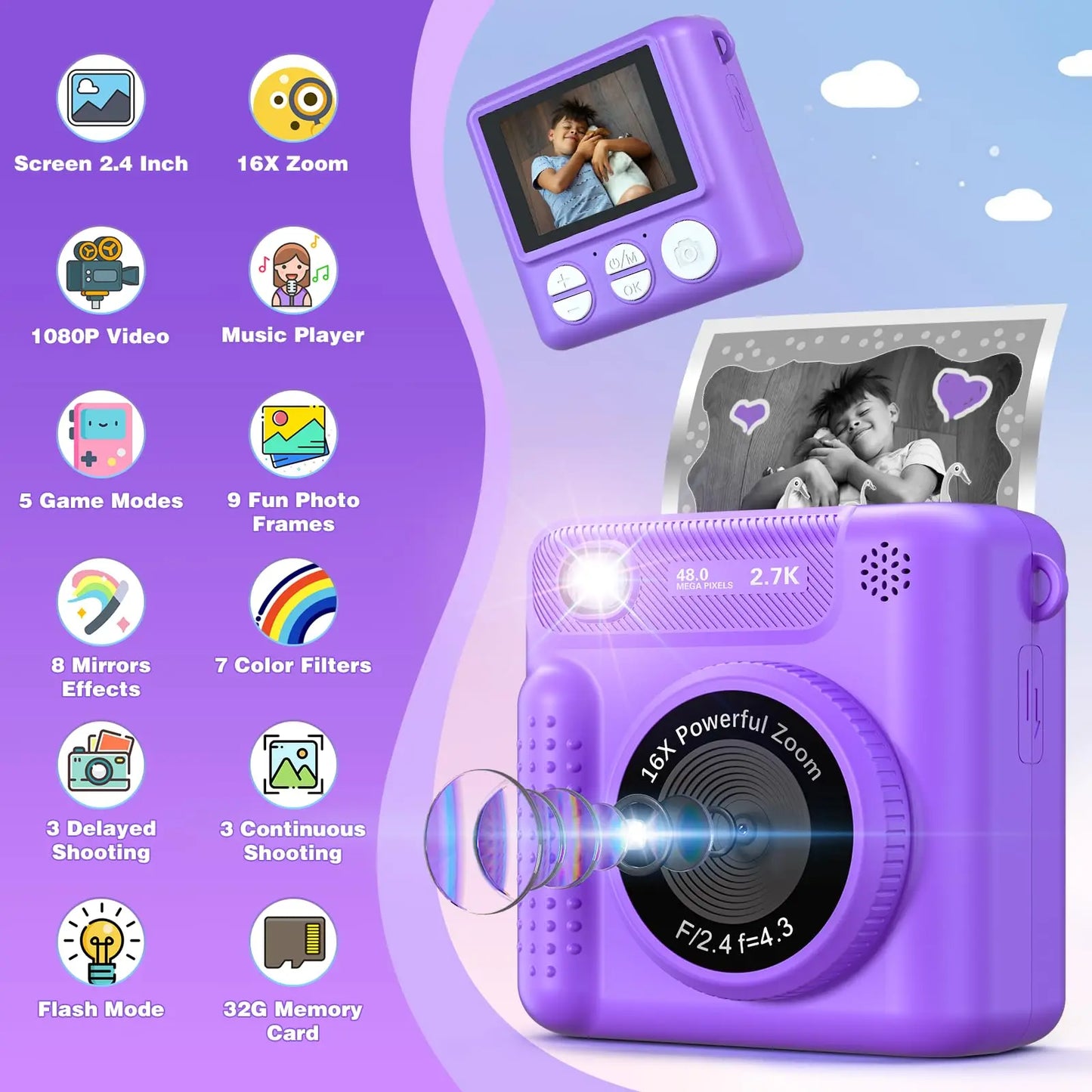 VATOS Rechargeable Instant Print Digital Camera for Kids