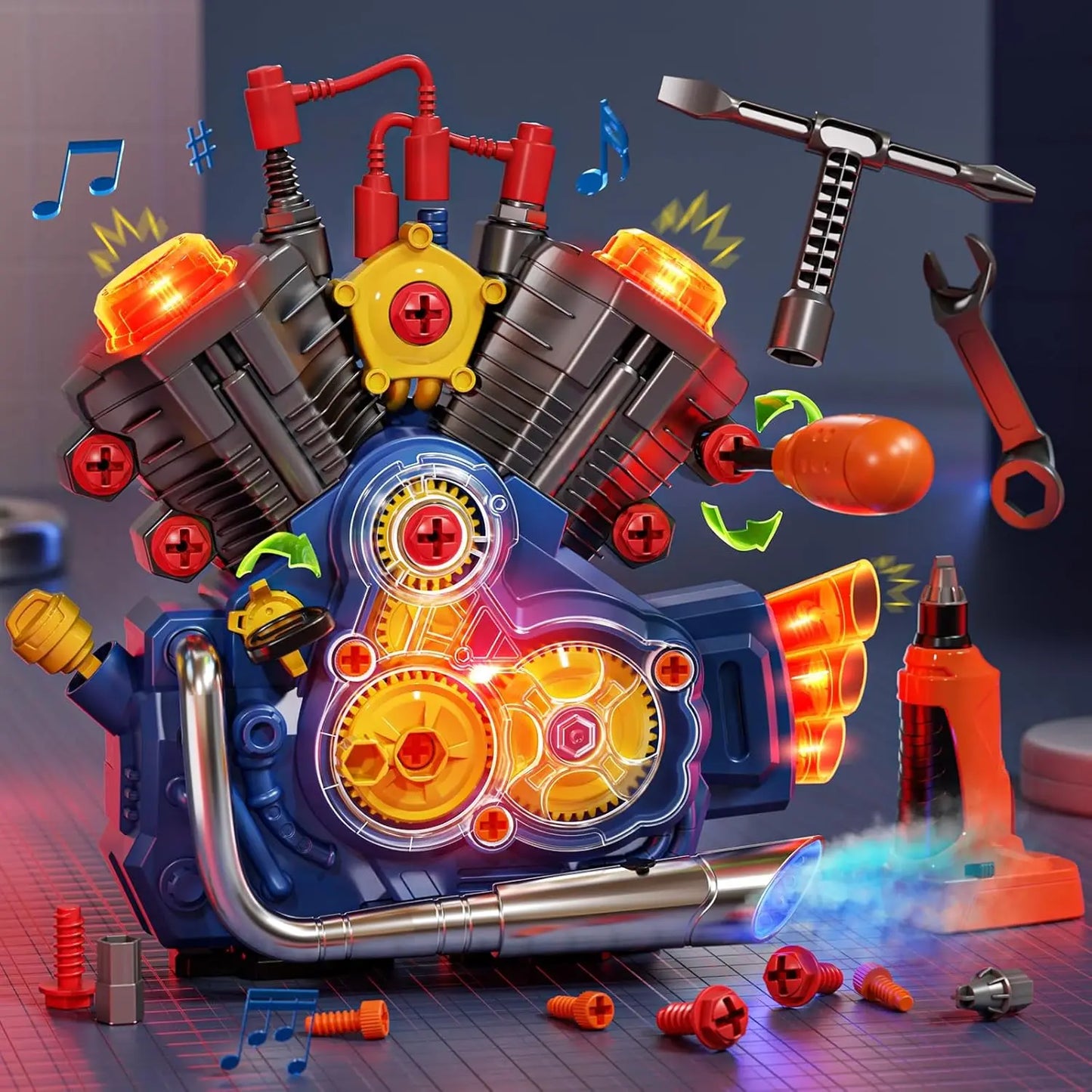 STEM Engine Building Kit for Kids with Light and Music
