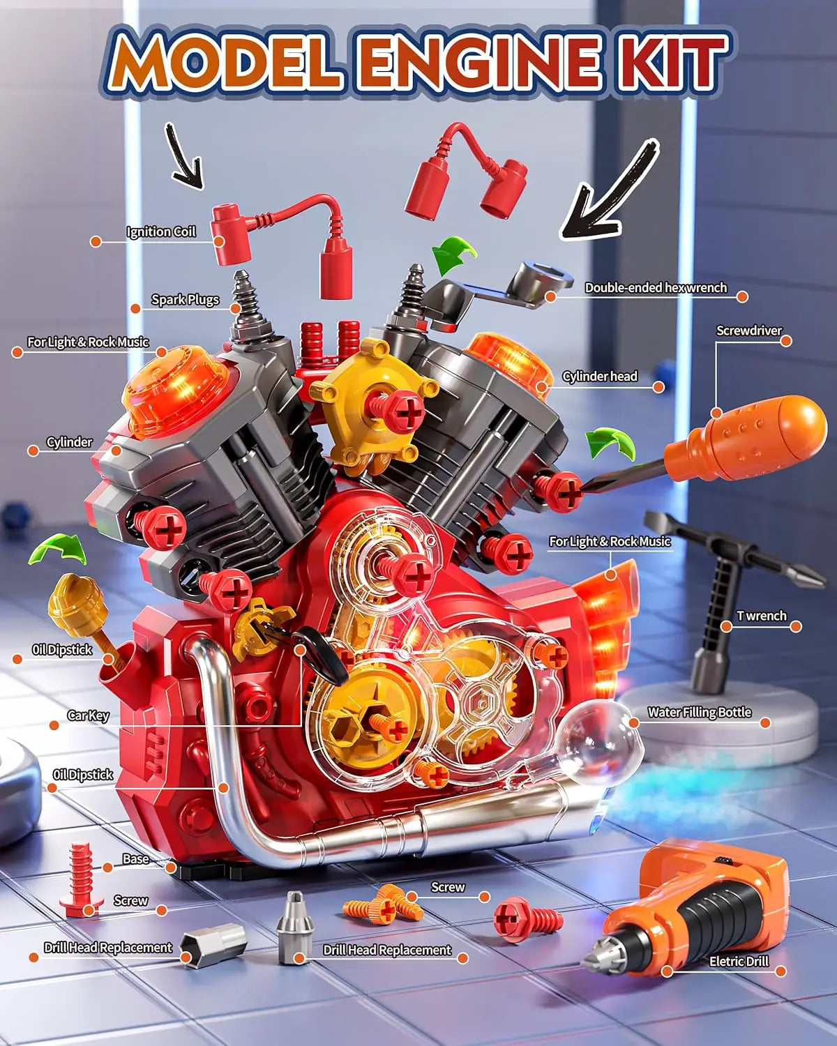 STEM Engine Building Kit for Kids with Light and Music