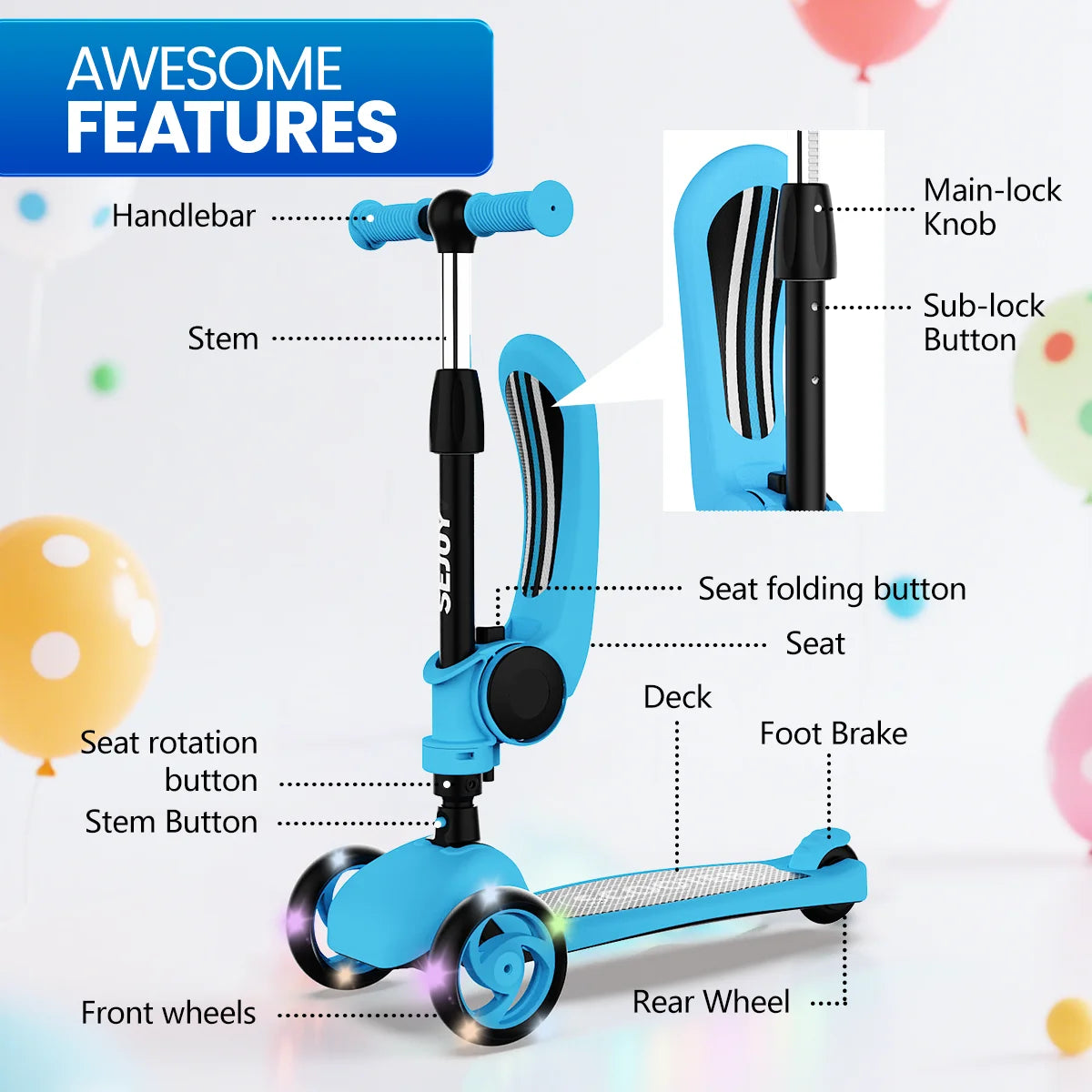 Three-Wheeled LED Kick Scooter For Kids With Lean-To-Steer