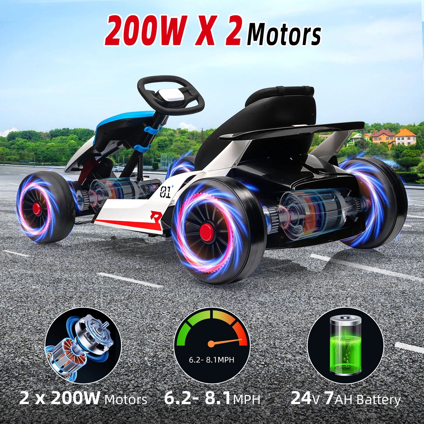 HiMISSE 24V Go Kart Ride On Dual 200W Motors Battery
