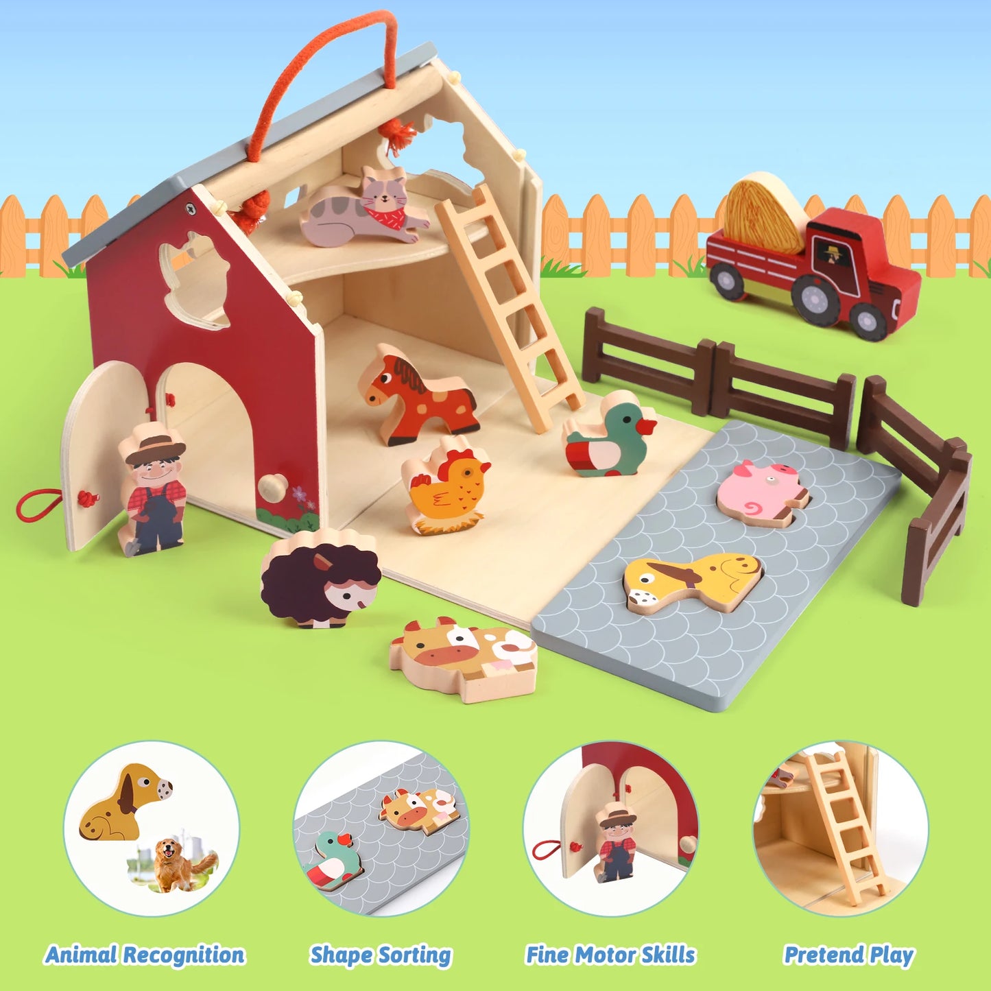 XIAPIA Wooden Farm Toys Set With Barn And Tractor Playset