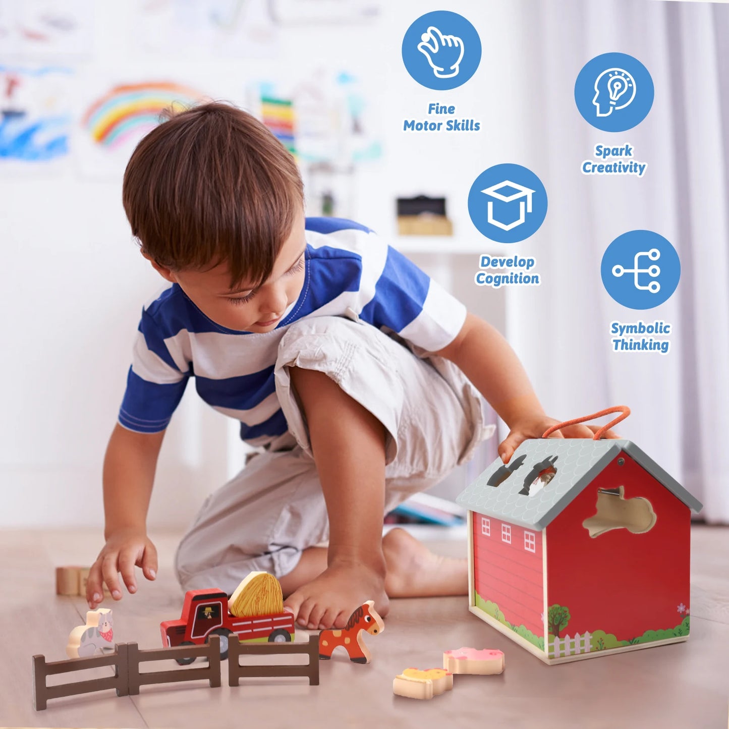 XIAPIA Wooden Farm Toys Set With Barn And Tractor Playset