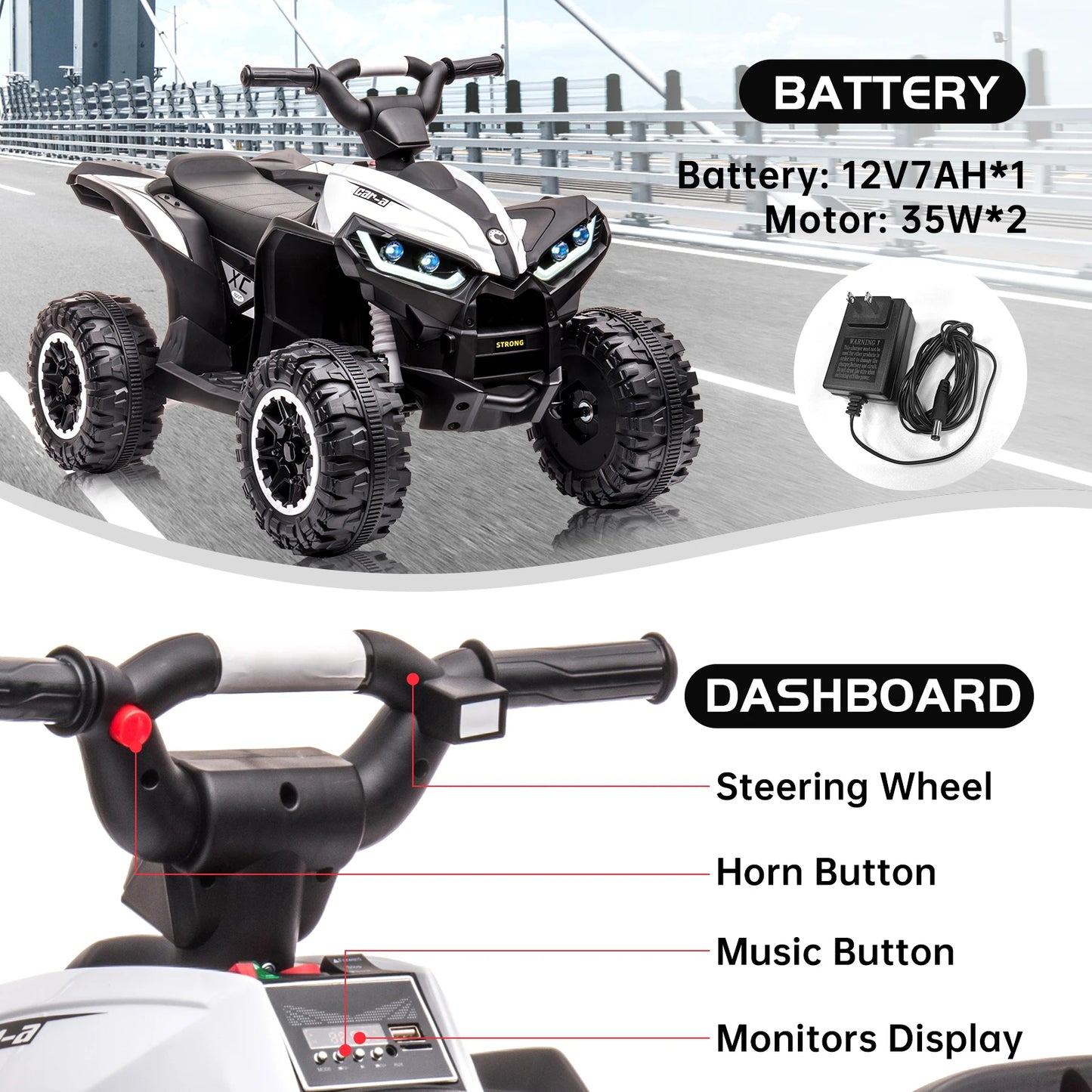 HiMISSE 12V Kids Ride On ATV Dual Motors USB Led Lights