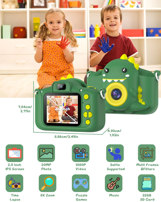 DIAMOOKYCN Kids Dinosaur Camera 1080P Selfie 32GB Card