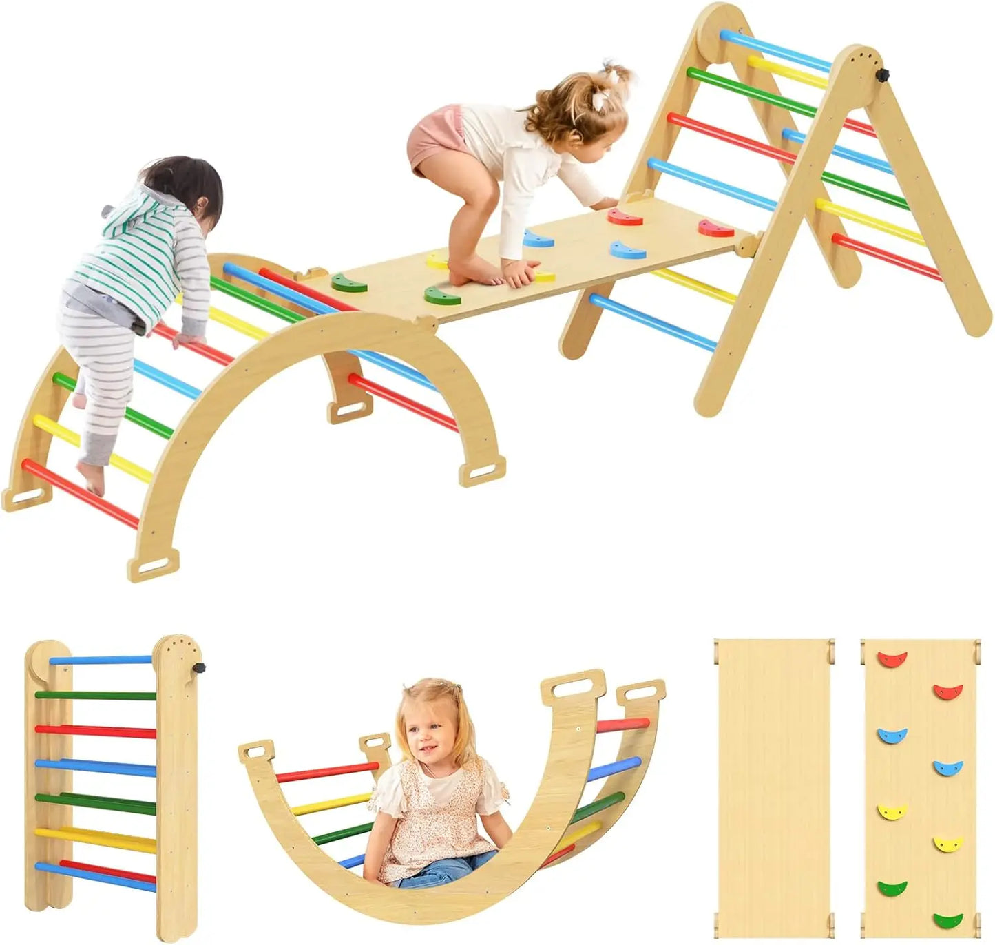 SHXICN Pikler Triangle Set 7 in 1 Wooden Montessori Climber