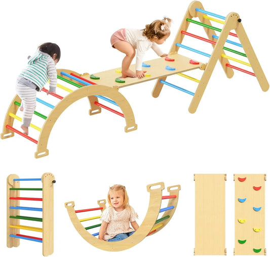 SHXICN Pikler Triangle Set 7 in 1 Wooden Montessori Climber
