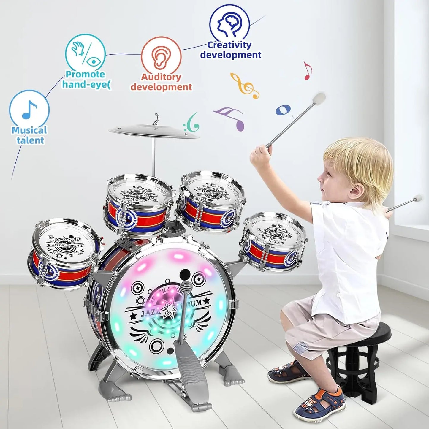 SANMERSEN Mini Jazz Drum Set For Kids With LED Light Stool