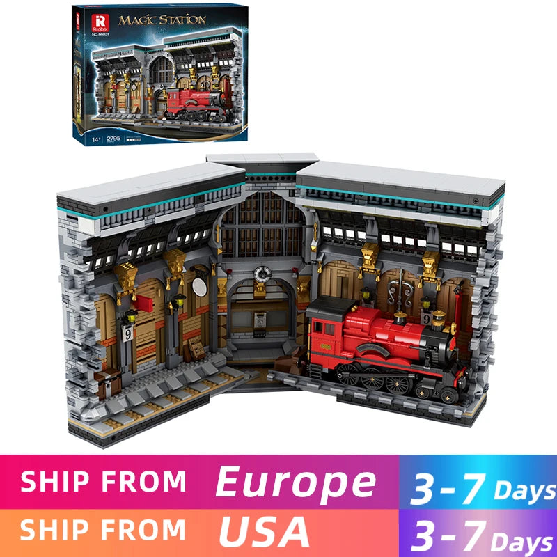AMAZINGBLOKSC Train Station Magic Bookend Set With Light