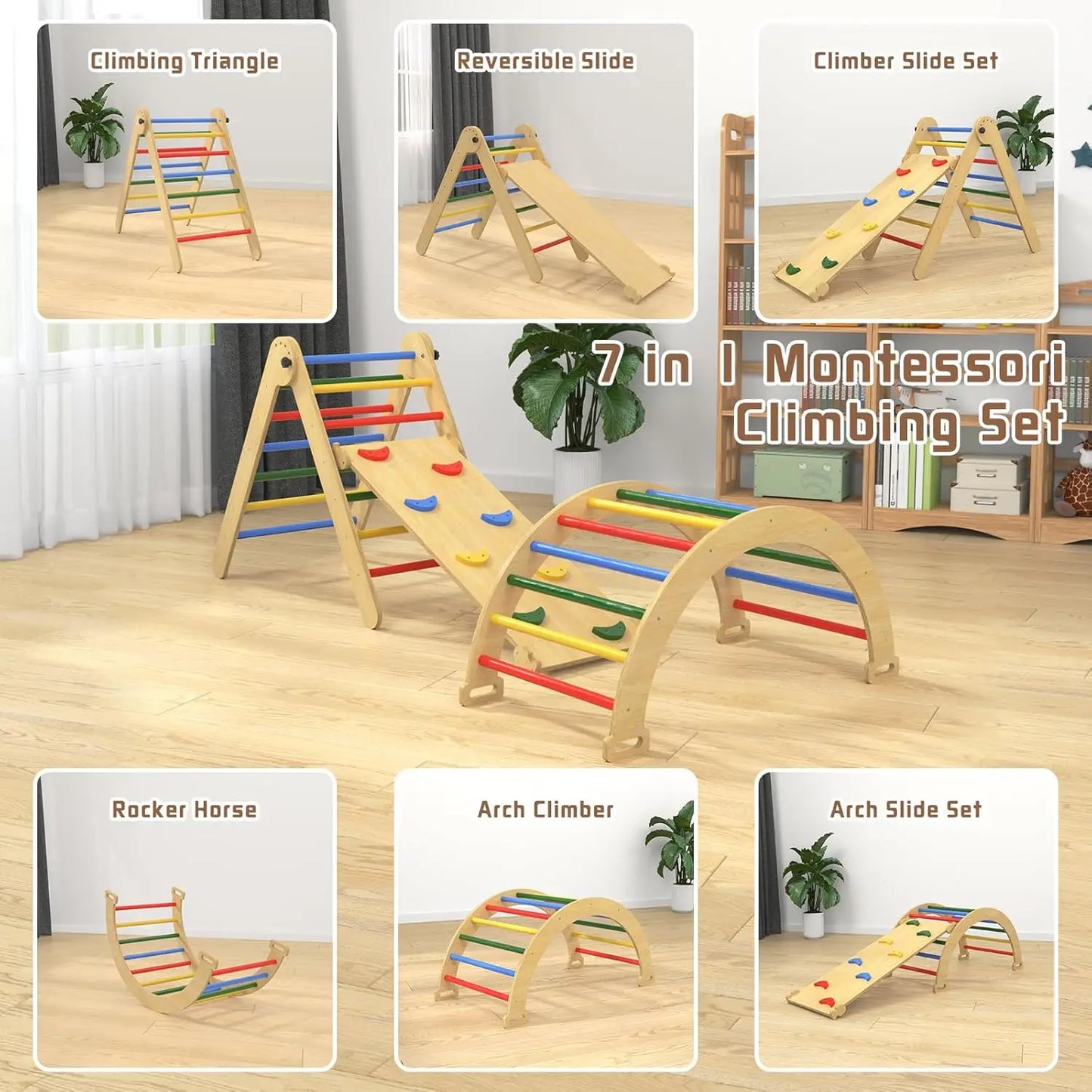 SHXICN Pikler Triangle Set 7 in 1 Wooden Montessori Climber