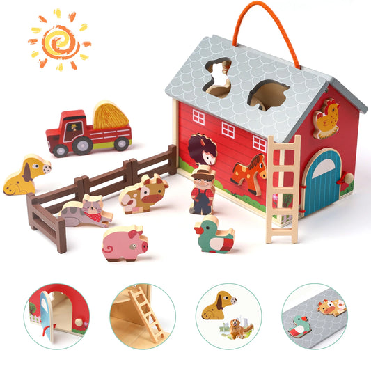 XIAPIA Wooden Farm Toys Set With Barn And Tractor Playset