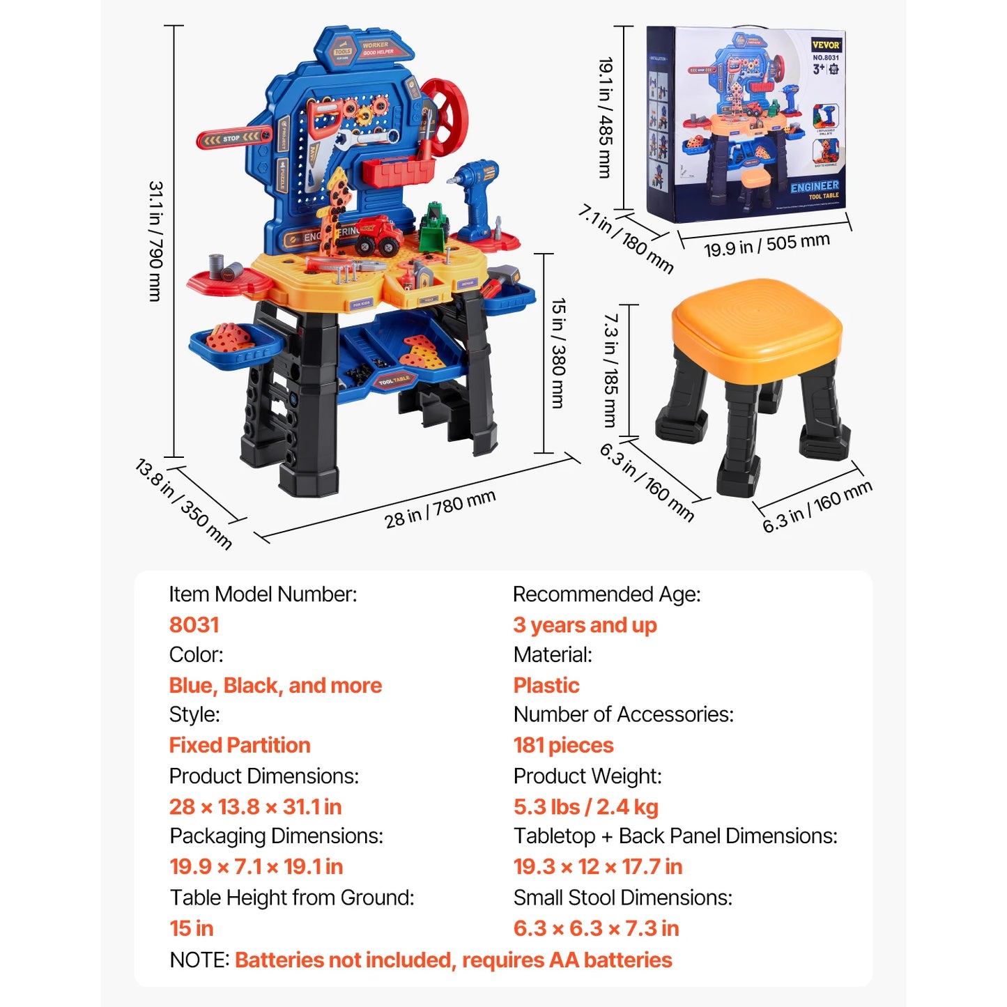 VEVOR 181 Piece Kids Tool Bench Transformable Playset