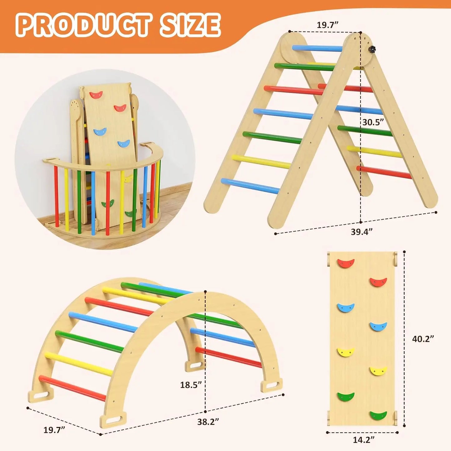 SHXICN Pikler Triangle Set 7 in 1 Wooden Montessori Climber