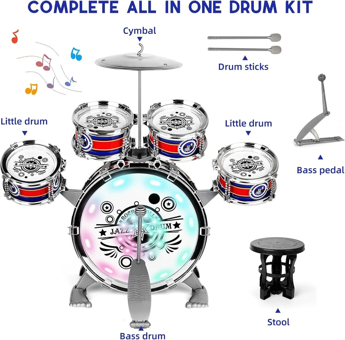 SANMERSEN Mini Jazz Drum Set For Kids With LED Light Stool