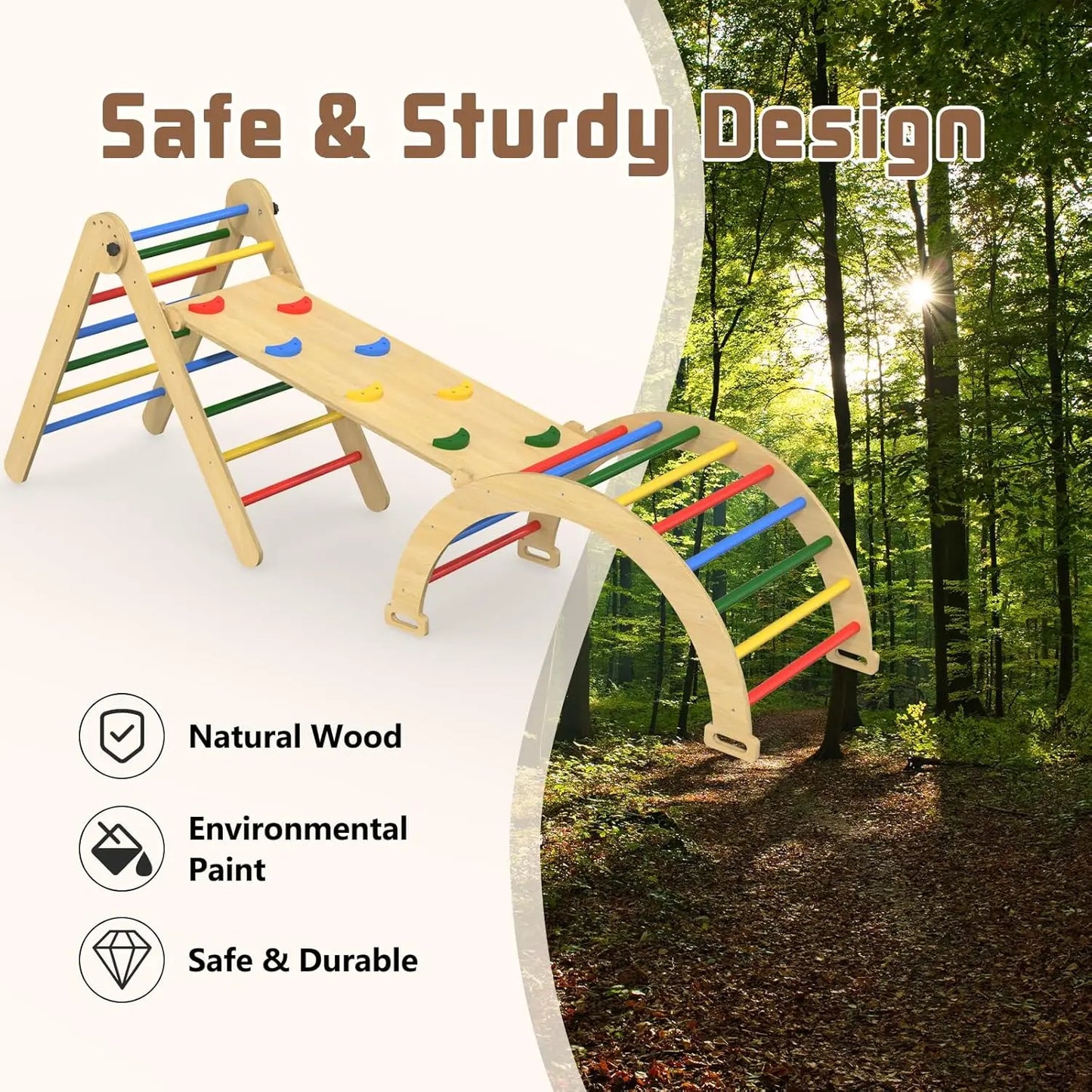 SHXICN Pikler Triangle Set 7 in 1 Wooden Montessori Climber
