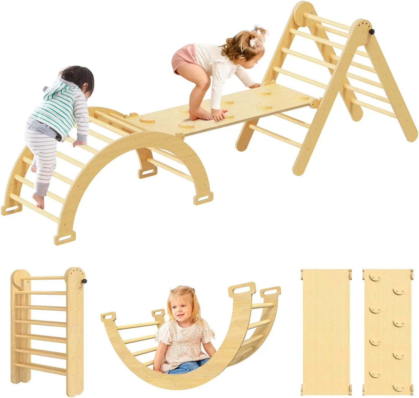 SHXICN Pikler Triangle Set 7 in 1 Wooden Montessori Climber
